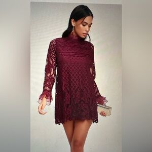 Lulus Love and Joy burgundy lace, long sleeved shift dress, Large,nwt